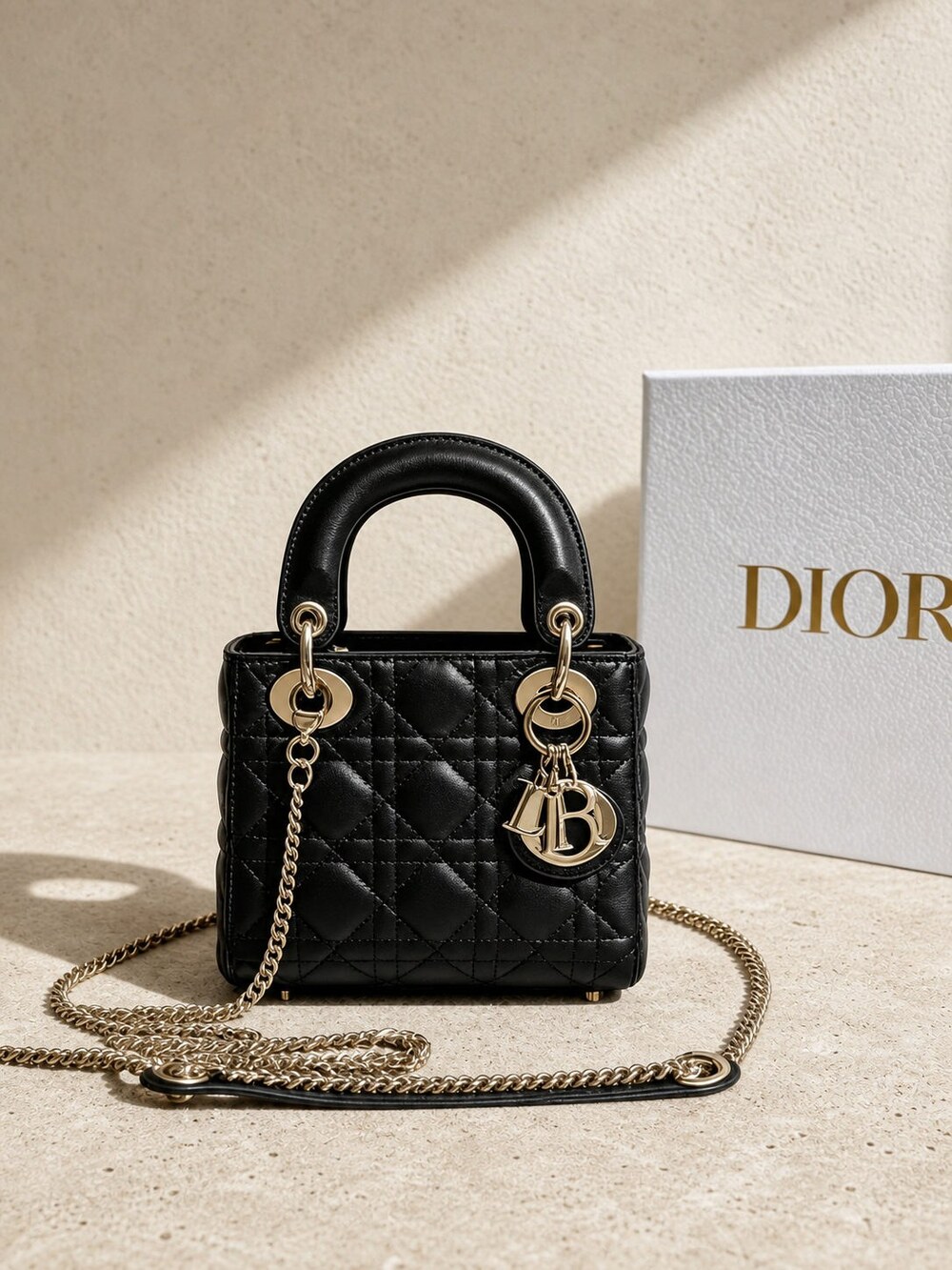Dior Black Cannage Lambskin Mini Lady Dior Handbag with Top Handles